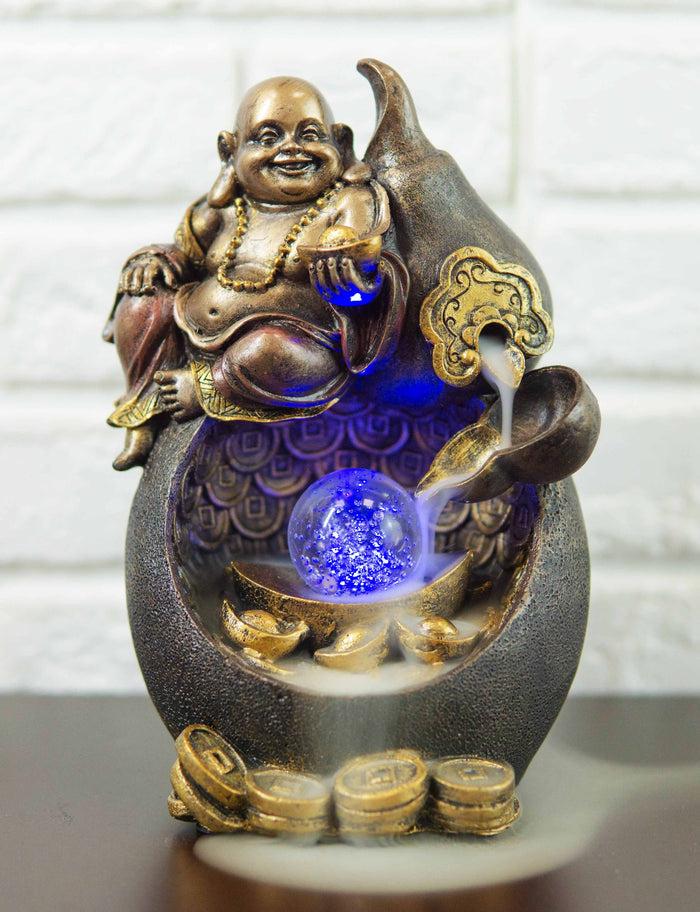 ebros gift Happy Buddha Hotei Seated On Wine Gourd Backflow Incense Burner LED Light Statue
