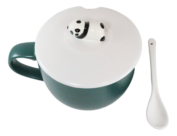 Ebros Gift Happy Hour Sleeping Panda Bear Green Ceramic Coffee Mug With Spoon And Lid Set