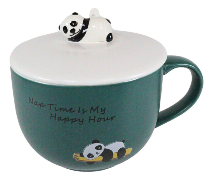 Ebros Gift Happy Hour Sleeping Panda Bear Green Ceramic Coffee Mug With Spoon And Lid Set