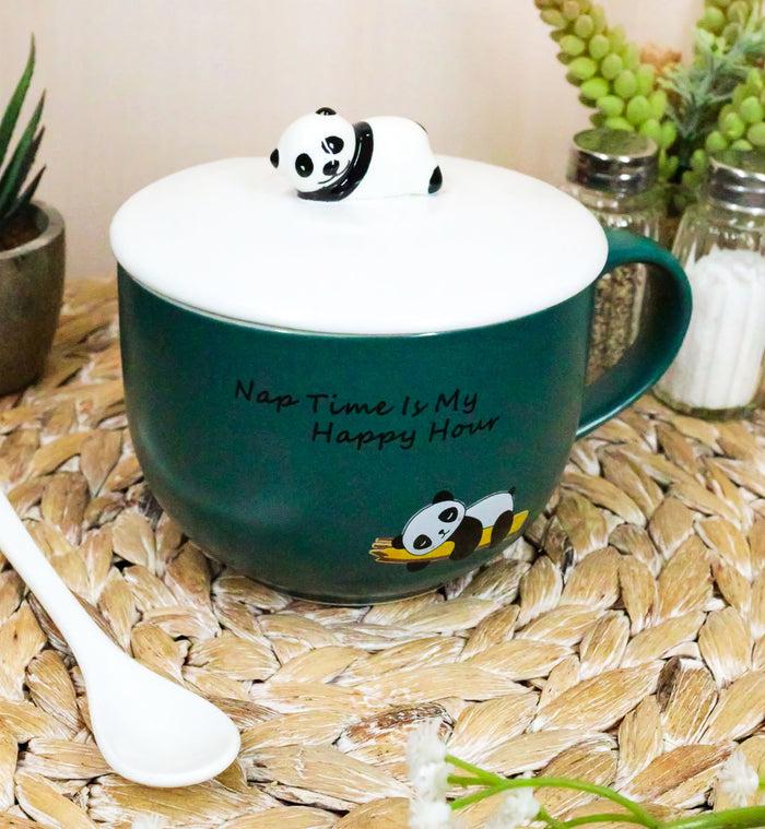 ebros gift Happy Hour Sleeping Panda Bear Green Ceramic Coffee Mug With Spoon And Lid Set