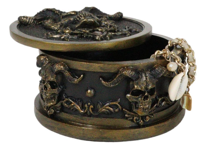 Ebros Gift Hell Imp Horned Demon Skull Skeleton Floral Tooled Round Decorative Jewelry Box