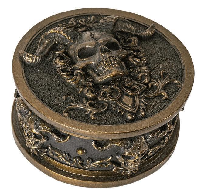ebros gift Hell Imp Horned Demon Skull Skeleton Floral Tooled Round Decorative Jewelry Box