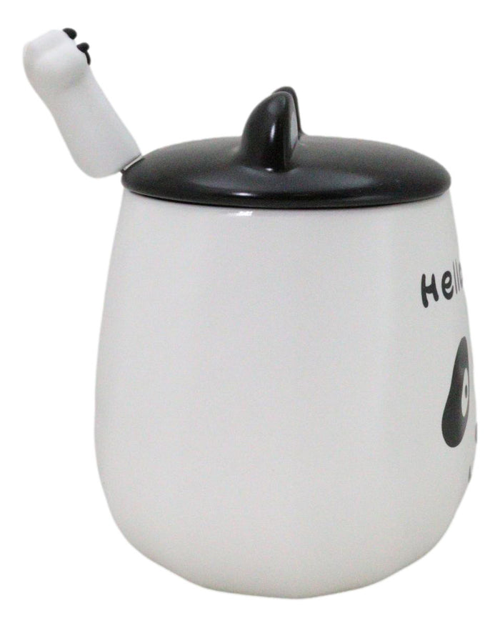 Ebros Gift Hello Panda Bear Ceramic Coffee Mug Cup With Spoon And Perky Ears Lid 14oz