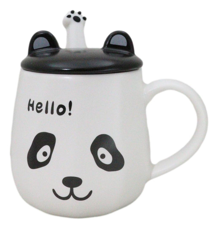 ebros gift Hello Panda Bear Ceramic Coffee Mug Cup With Spoon And Perky Ears Lid 14oz