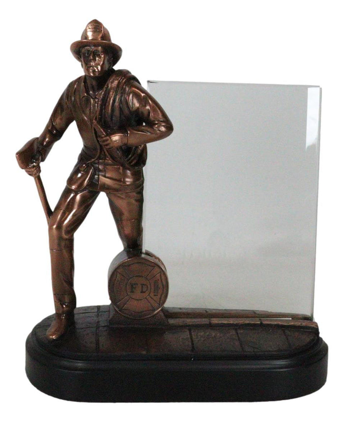 ebros gift Heroic Fire Fighter Fireman With Axe And Hose 6"X4" Glass Picture Frame Figurine
