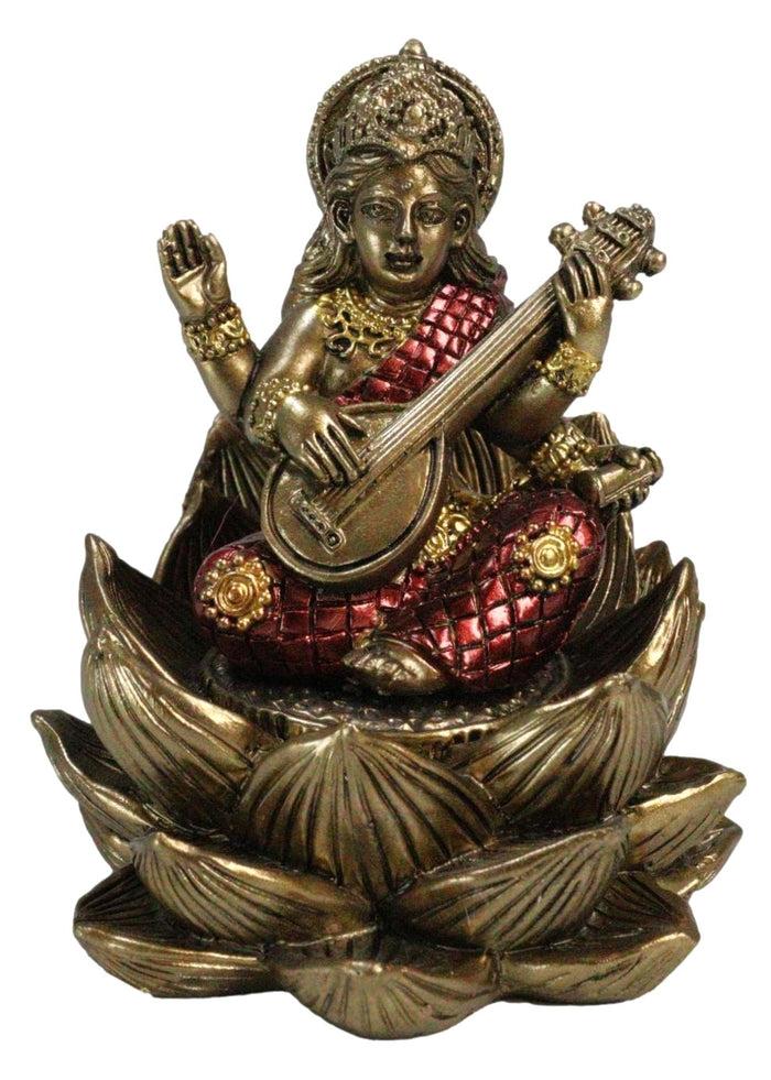 ebros gift Hindu Deity Goddess Saraswati With Veena Guitar On Lotus Flower Mini Figurine