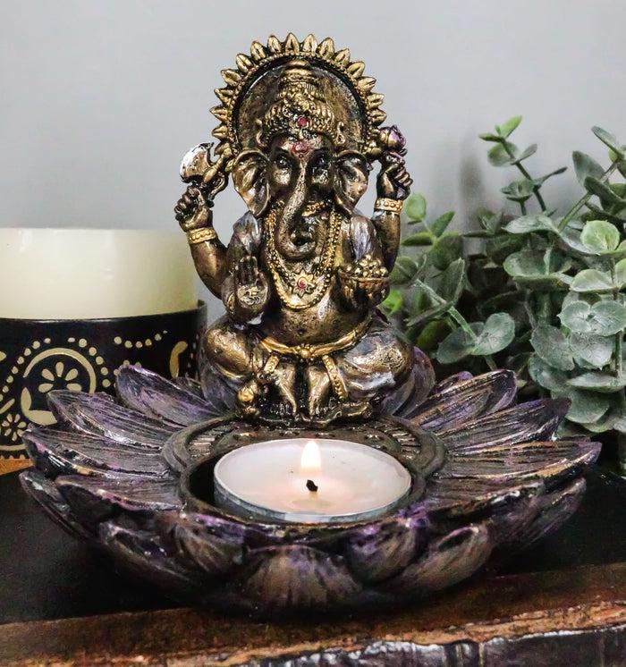 ebros gift Hindu Elephant God Ganesha On Lotus Padma Flower Votive Candle Holder Figurine