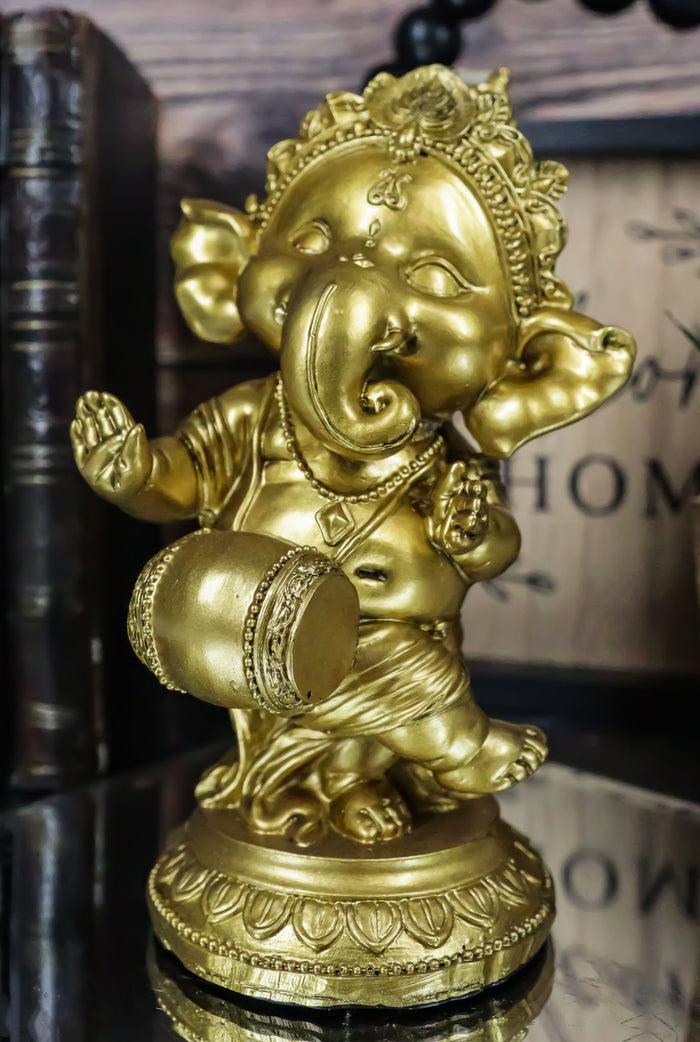 ebros gift Hindu Elephant God Ritual Dancing Ganesha With Mridangam Drum Golden Statue 6"H