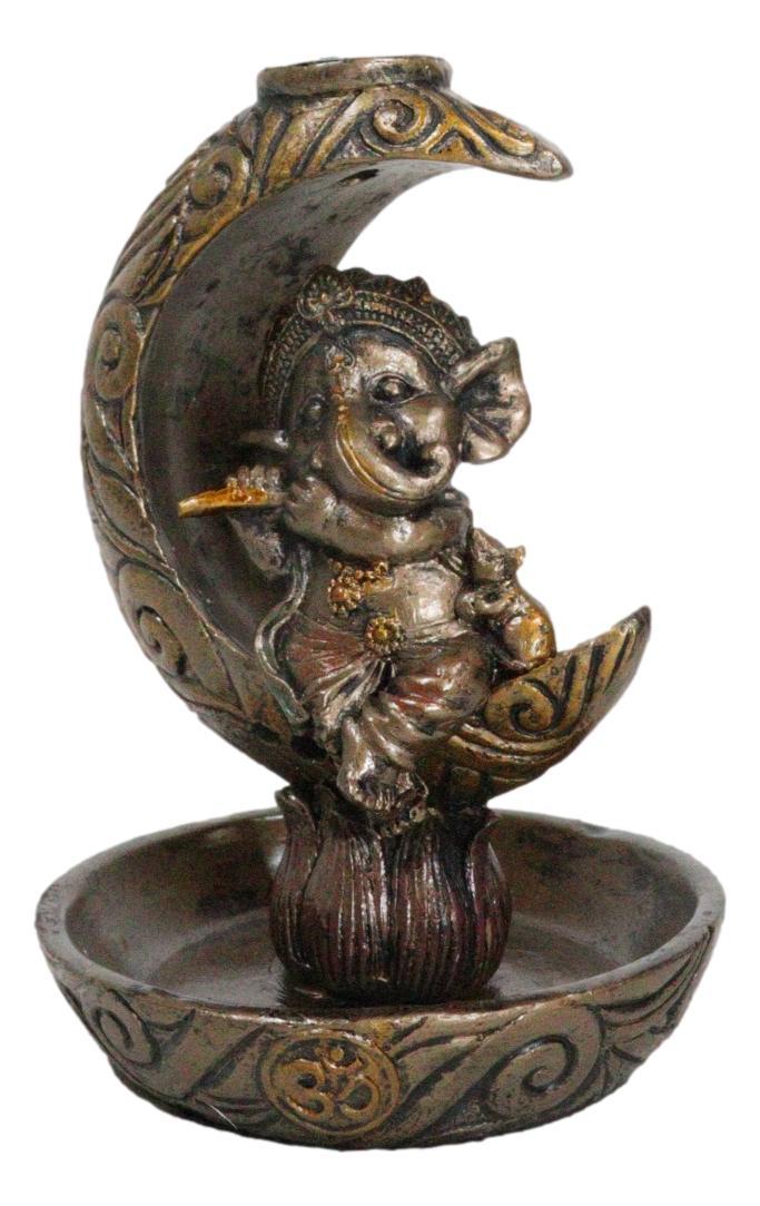 Ebros Gift Hindu God Baby Ganesha Playing Flute On Crescent Moon Backflow Incense Burner