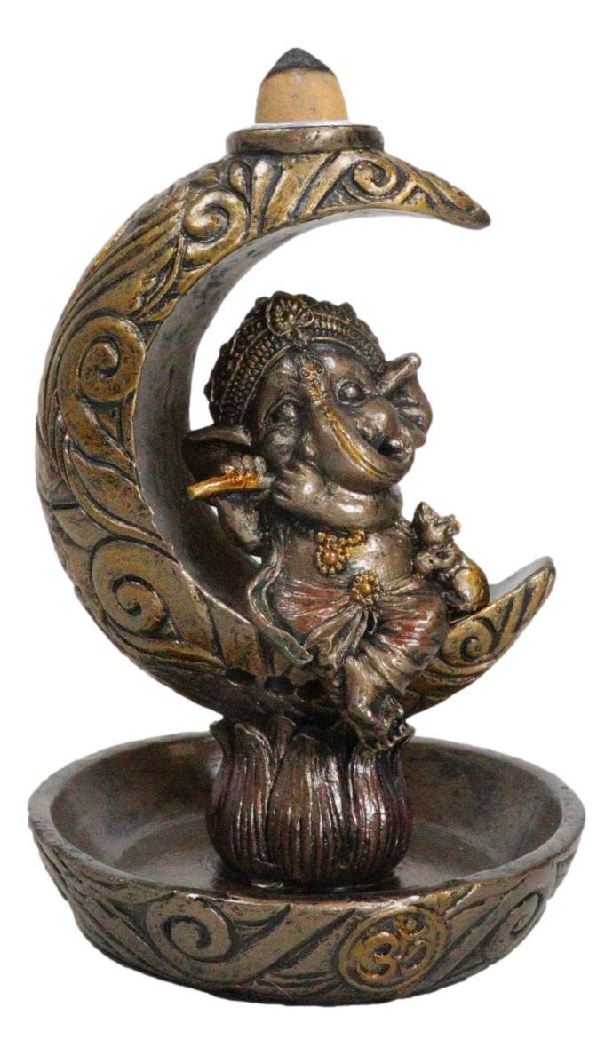 ebros gift Hindu God Baby Ganesha Playing Flute On Crescent Moon Backflow Incense Burner