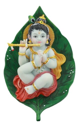 Ebros Gift Hindu God Baby Krishna Vishnu Sucking His Right Toe On Peepal Leaf Statue 4"W