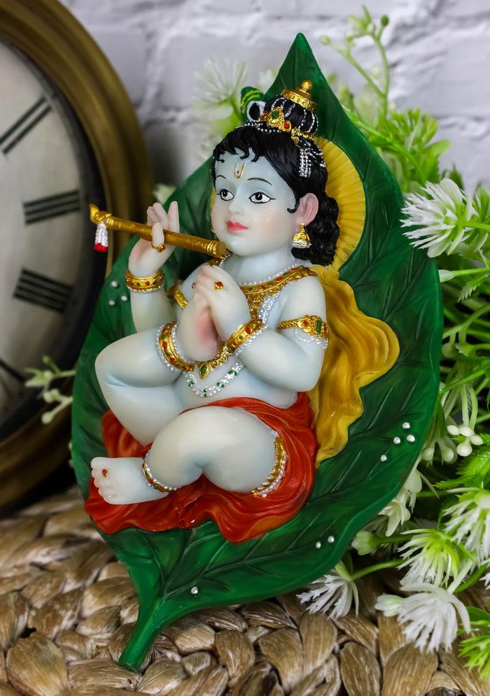 ebros gift Hindu God Baby Krishna Vishnu Sucking His Right Toe On Peepal Leaf Statue 4"W
