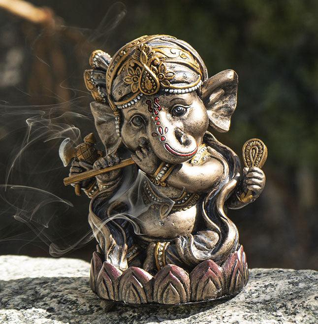 ebros gift Hindu God Ganapati Baby Ganesha Playing Flute On Lotus Backflow Incense Burner