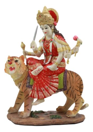 Ebros Gift Hindu Goddess Durga Wearing Red Sari Riding On Tiger Figurine 8.5" Tall Statue