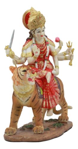 Ebros Gift Hindu Goddess Durga Wearing Red Sari Riding On Tiger Figurine 8.5" Tall Statue