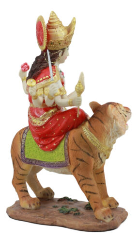 Ebros Gift Hindu Goddess Durga Wearing Red Sari Riding On Tiger Figurine 8.5" Tall Statue