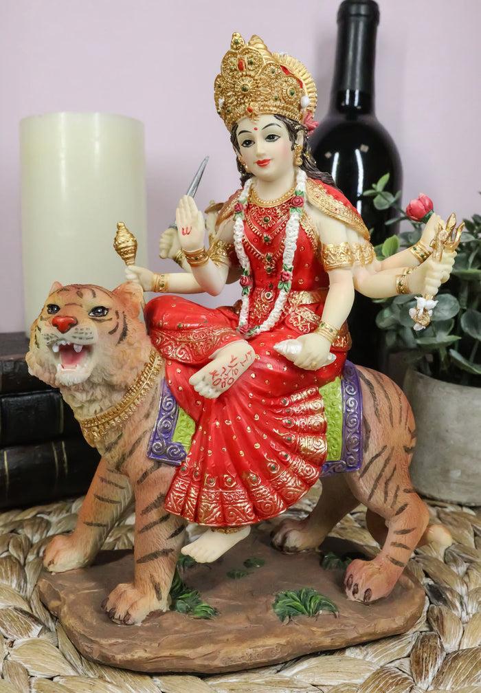 ebros gift Hindu Goddess Durga Wearing Red Sari Riding On Tiger Figurine 8.5" Tall Statue
