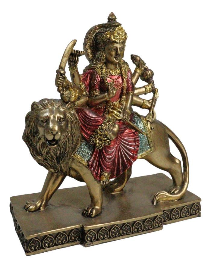 Ebros Gift Hindu Goddess Durga Wearing Red Sari With Weapons Riding On Lion Figurine