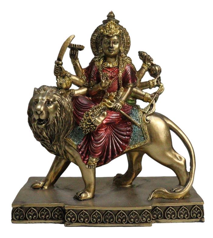 ebros gift Hindu Goddess Durga Wearing Red Sari With Weapons Riding On Lion Figurine