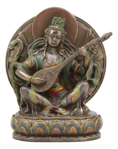 ebros gift Hindu Goddess Saraswati Playing A Veena Seated On Lotus Throne Statue 6"Tall