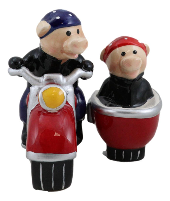Ebros Gift Hog Riders Biker Pig Couple Riding Motorcycle Side Car Rig Salt Pepper Shakers