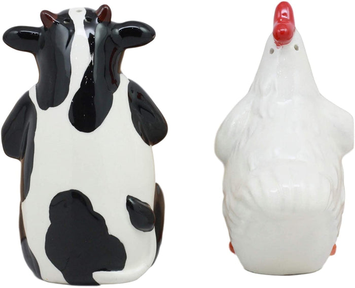 Ebros Gift Holstein Cow And Hen Holding Steak & Roast Chicken Sign Salt Pepper Shakers Set