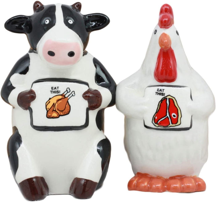 Ebros Gift Holstein Cow And Hen Holding Steak & Roast Chicken Sign Salt Pepper Shakers Set