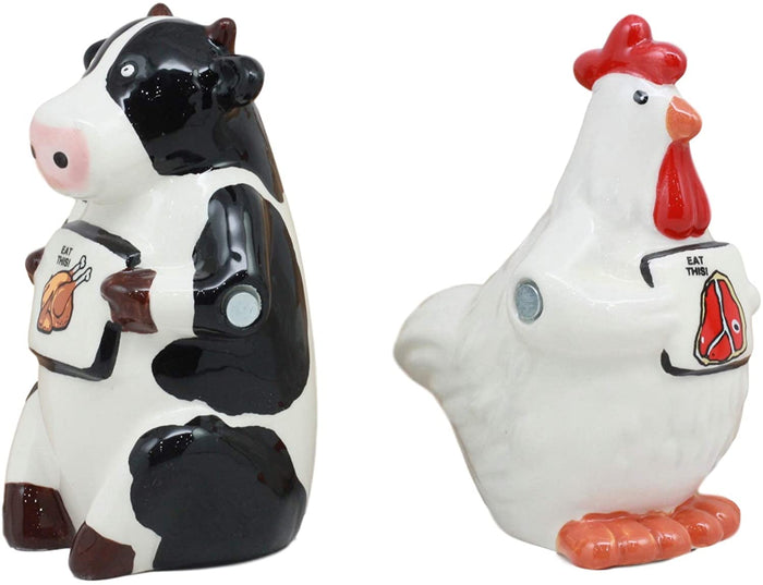 Ebros Gift Holstein Cow And Hen Holding Steak & Roast Chicken Sign Salt Pepper Shakers Set