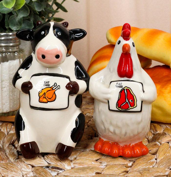ebros gift Holstein Cow and Hen Holding Steak & Roast Chicken Sign Salt Pepper Shakers Set