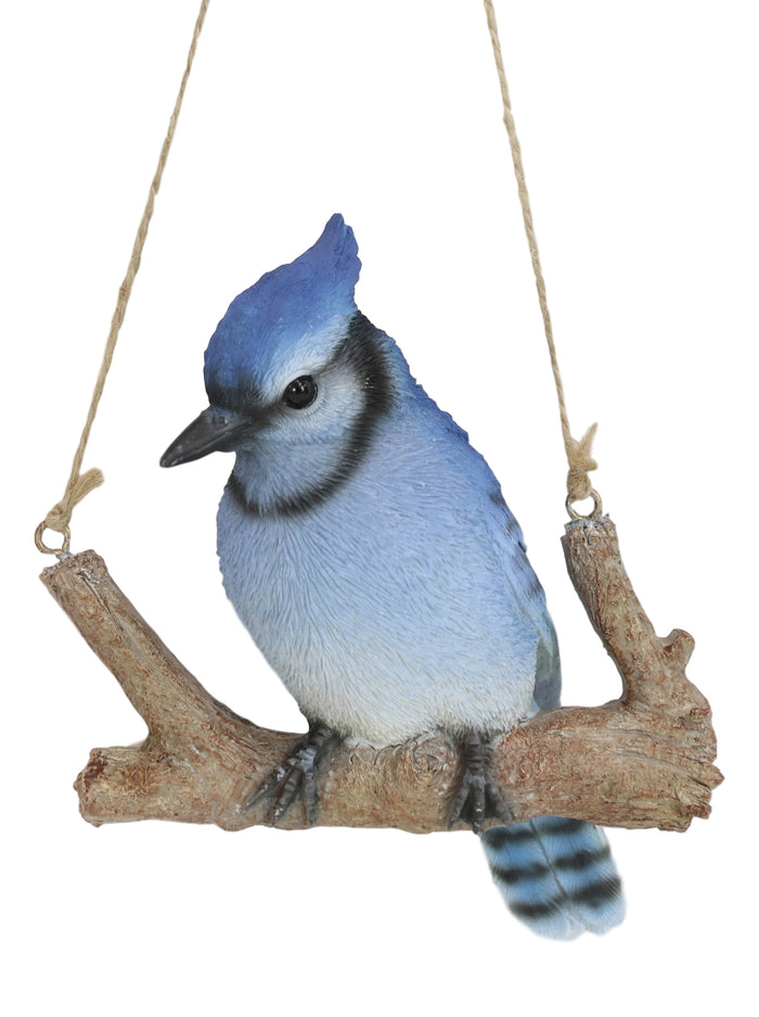 Ebros Gift Home Garden Hanging Blue Jay Passerine Bird Perching On Branch Figurine Decor