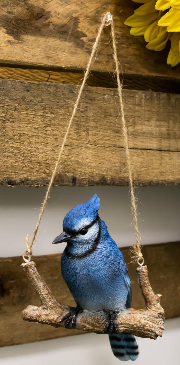 Ebros Gift Home Garden Hanging Blue Jay Passerine Bird Perching On Branch Figurine Decor
