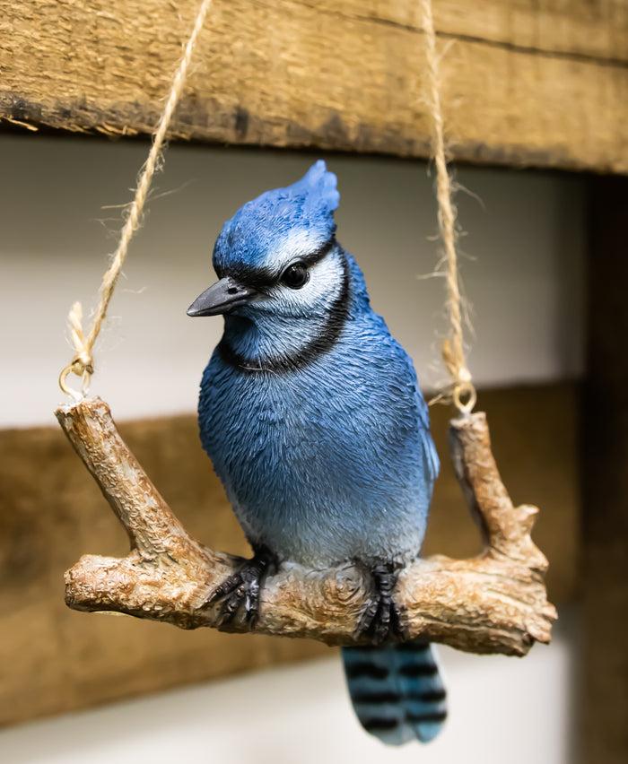 ebros gift Home Garden Hanging Blue Jay Passerine Bird Perching on Branch Figurine Decor