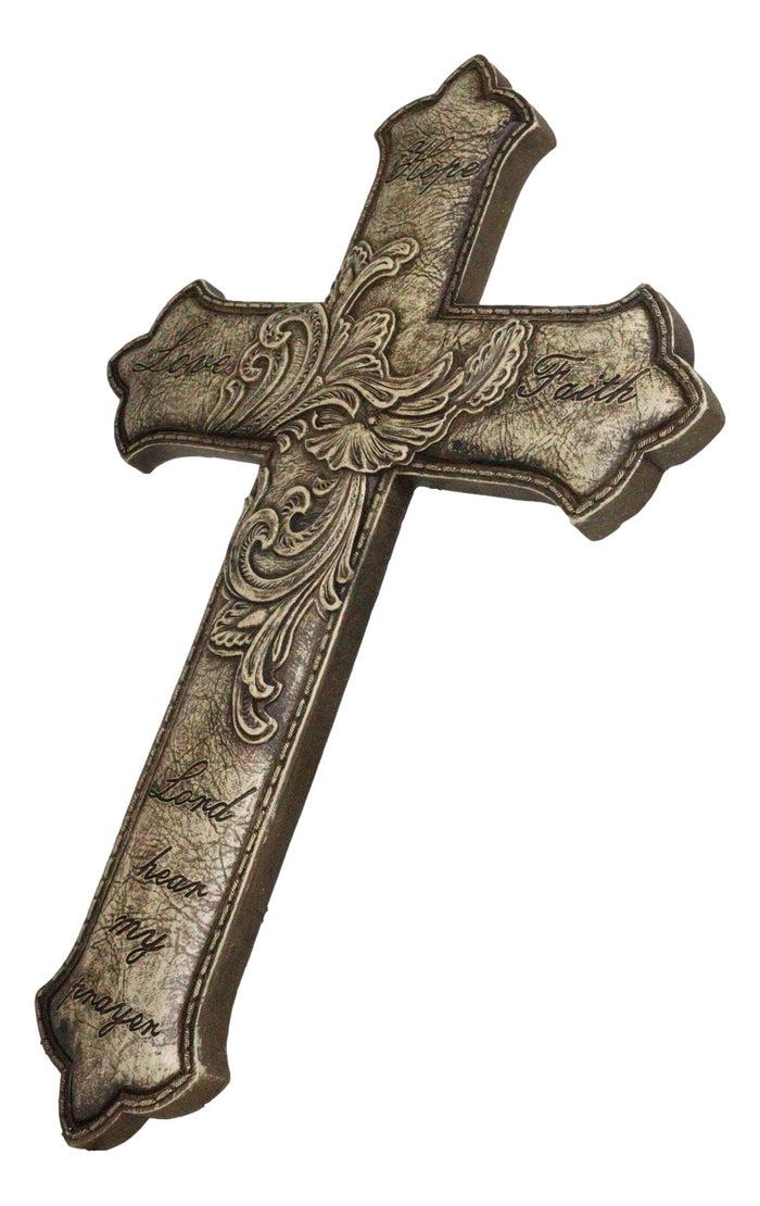 Ebros Gift Hope Love Faith Lord Hear My Prayer Fleur De Lis Floral Faux Leather Wall Cross