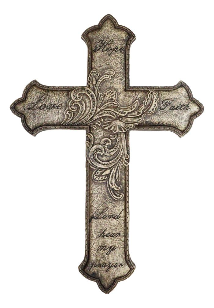 ebros gift Hope Love Faith Lord Hear My Prayer Fleur De Lis Floral Faux Leather Wall Cross