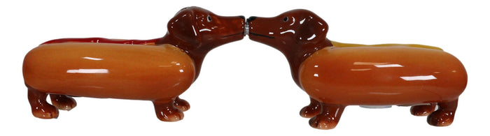 Ebros Gift Hot Dog Sausage Ketchup Mustard Dachshunds Ceramic Salt & Pepper Shakers Set