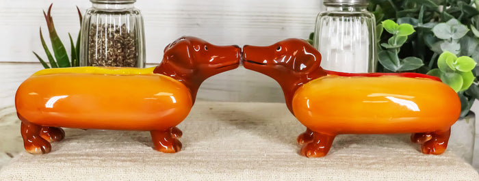 ebros gift Hot Dog Sausage Ketchup Mustard Dachshunds Ceramic Salt & Pepper Shakers Set