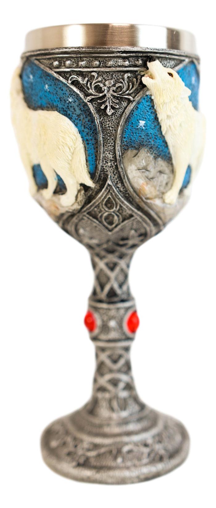 Ebros Gift Howling White Wolf In Starry Night Wine Chalice Goblet With Celtic Knotwork 7oz