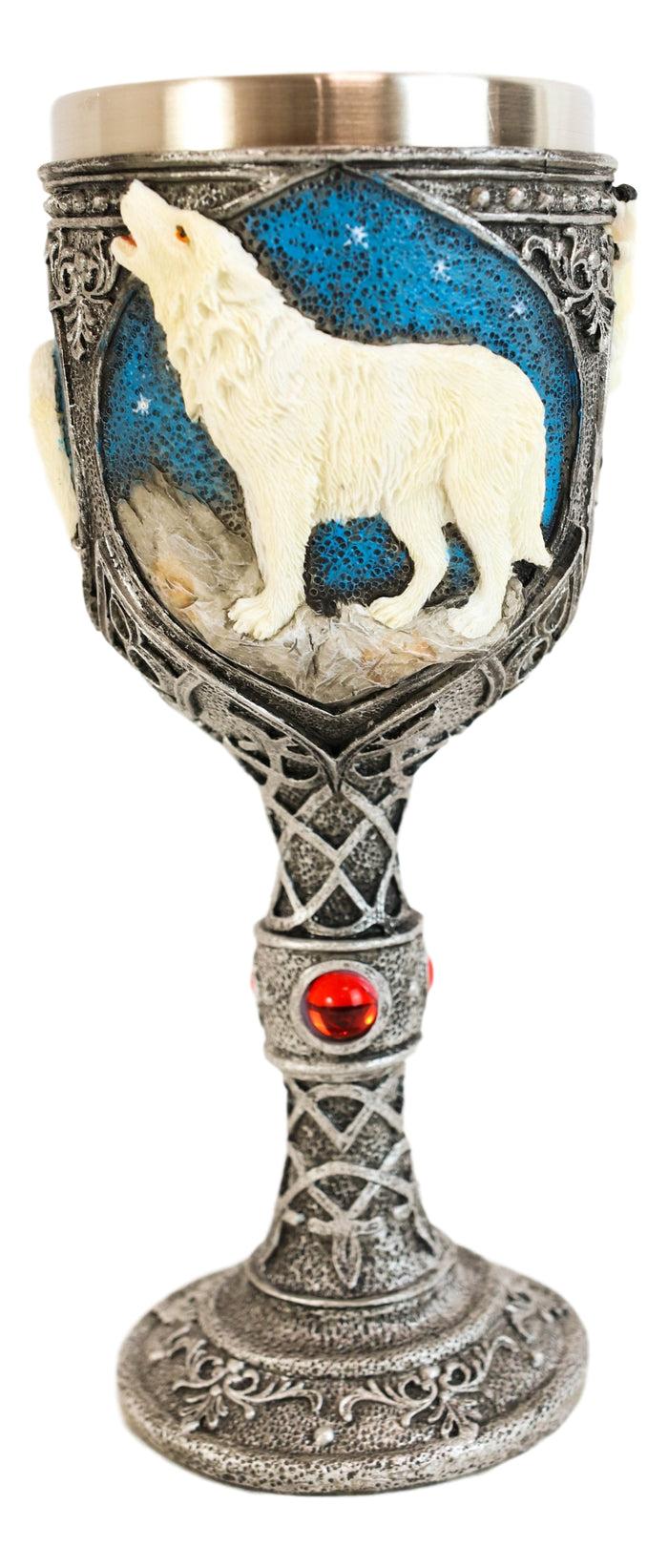 Ebros Gift Howling White Wolf In Starry Night Wine Chalice Goblet With Celtic Knotwork 7oz