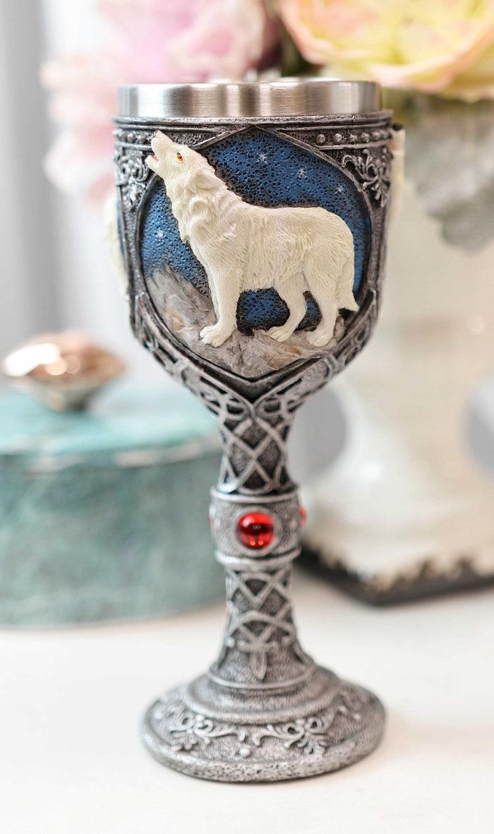ebros gift Howling White Wolf In Starry Night Wine Chalice Goblet With Celtic Knotwork 7oz