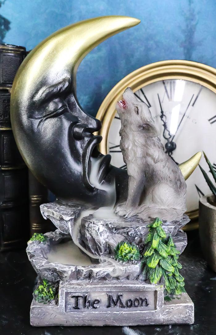 ebros gift Howling Wolf Guardian of The Sacred Crescent Moon Backflow Cone Incense Burner