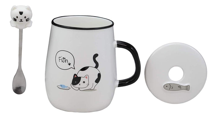 Ebros Gift Hungry Calico Cat With Fish Porcelain Coffee Tea Mug Cup With Spoon And Lid