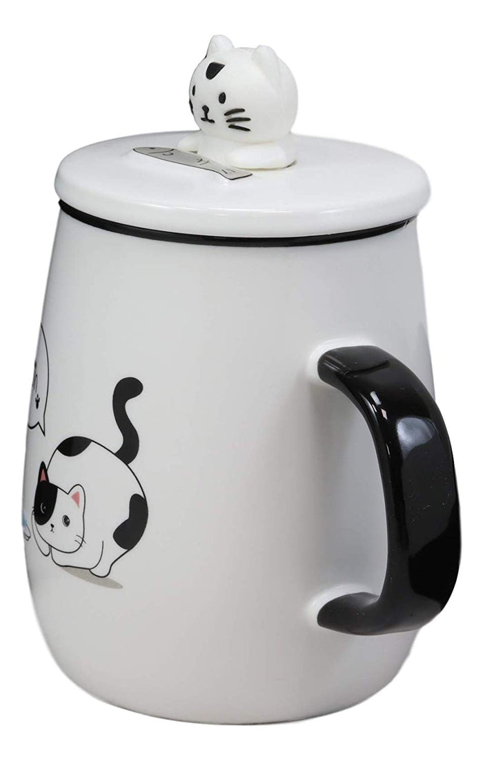 Ebros Gift Hungry Calico Cat With Fish Porcelain Coffee Tea Mug Cup With Spoon And Lid