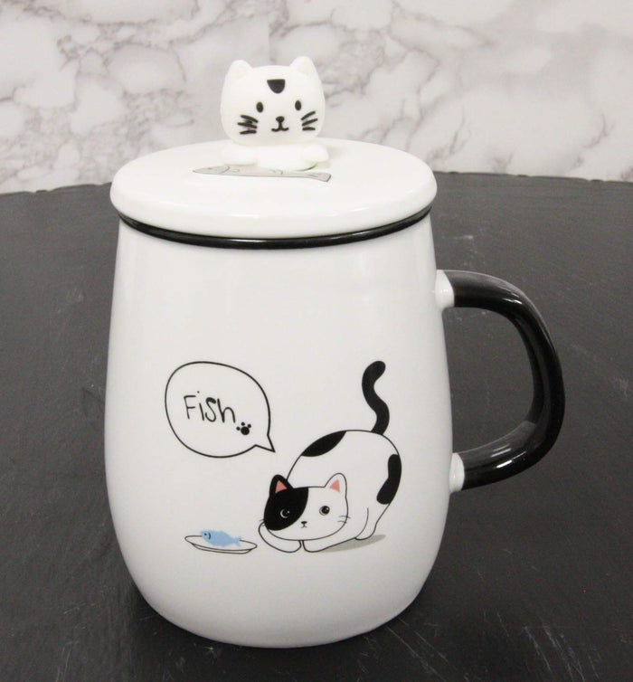 ebros gift Hungry Calico Cat With Fish Porcelain Coffee Tea Mug Cup With Spoon And Lid