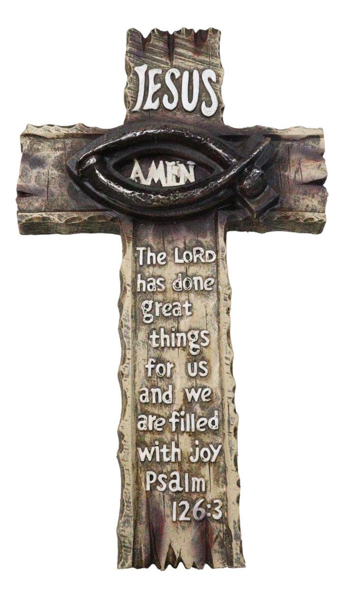 Ebros Gift Ichthys Fish Spike Nails Jesus With Scriptural Psalm 126 Faux Wood Wall Cross