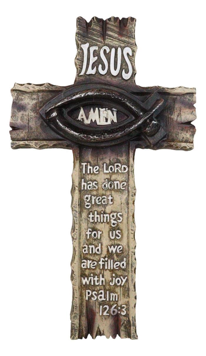 ebros gift Ichthys Fish Spike Nails Jesus with Scriptural Psalm 126 Faux Wood Wall Cross
