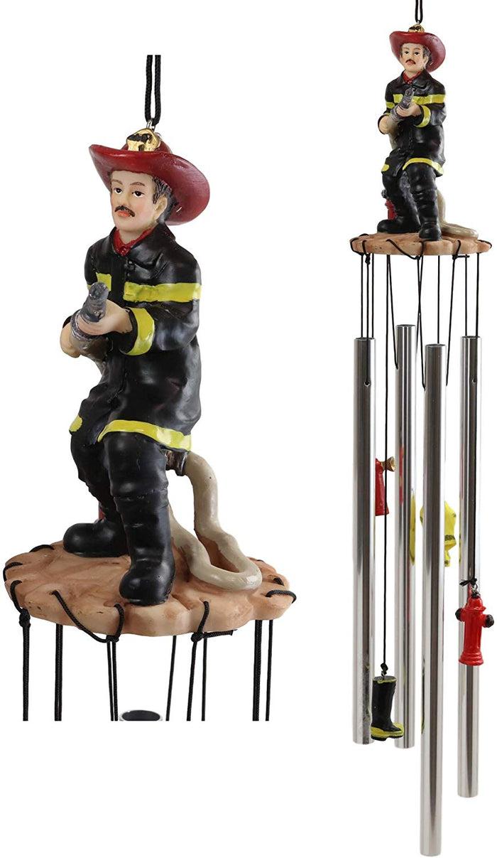 Ebros Gift In Line Of Duty Fireman With Fire Hose By Red Hydrant Wind Chime Garden Decor