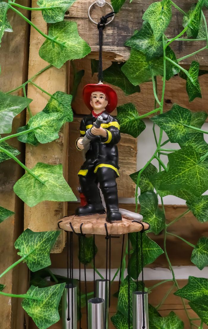 Ebros Gift In Line Of Duty Fireman With Fire Hose By Red Hydrant Wind Chime Garden Decor