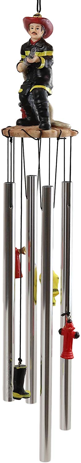 Ebros Gift In Line Of Duty Fireman With Fire Hose By Red Hydrant Wind Chime Garden Decor