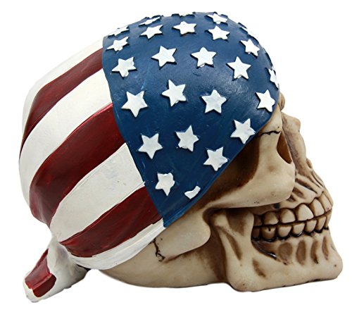 Ebros Gift Independence Day Patriotic Skull With US Flag Banner Bandana Decorative Figurine