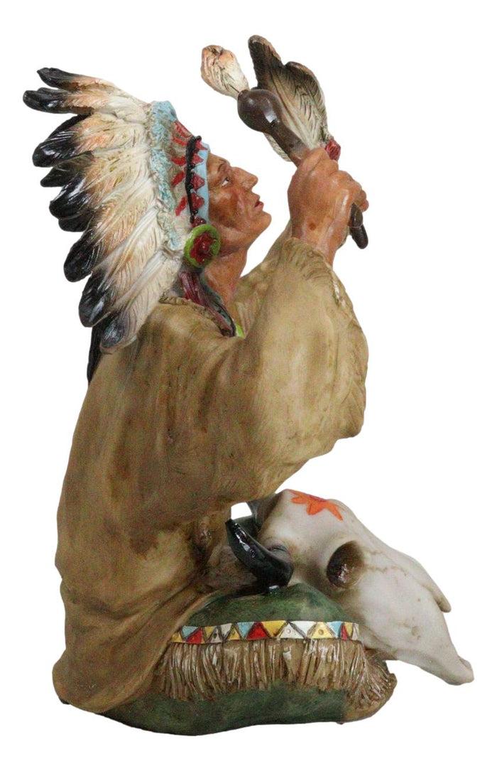 Ebros Gift Indian Tribal Chief With Headdress Roach And Bull Skull Ritual Ceremony Figurine